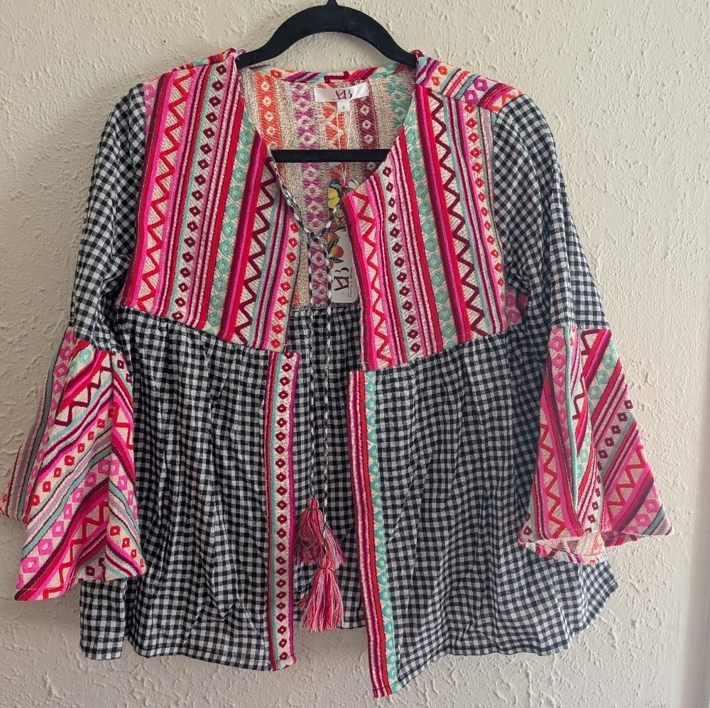 NWT American & Beyond Pink Gingham Checkered Jacket With Bright Embroidery